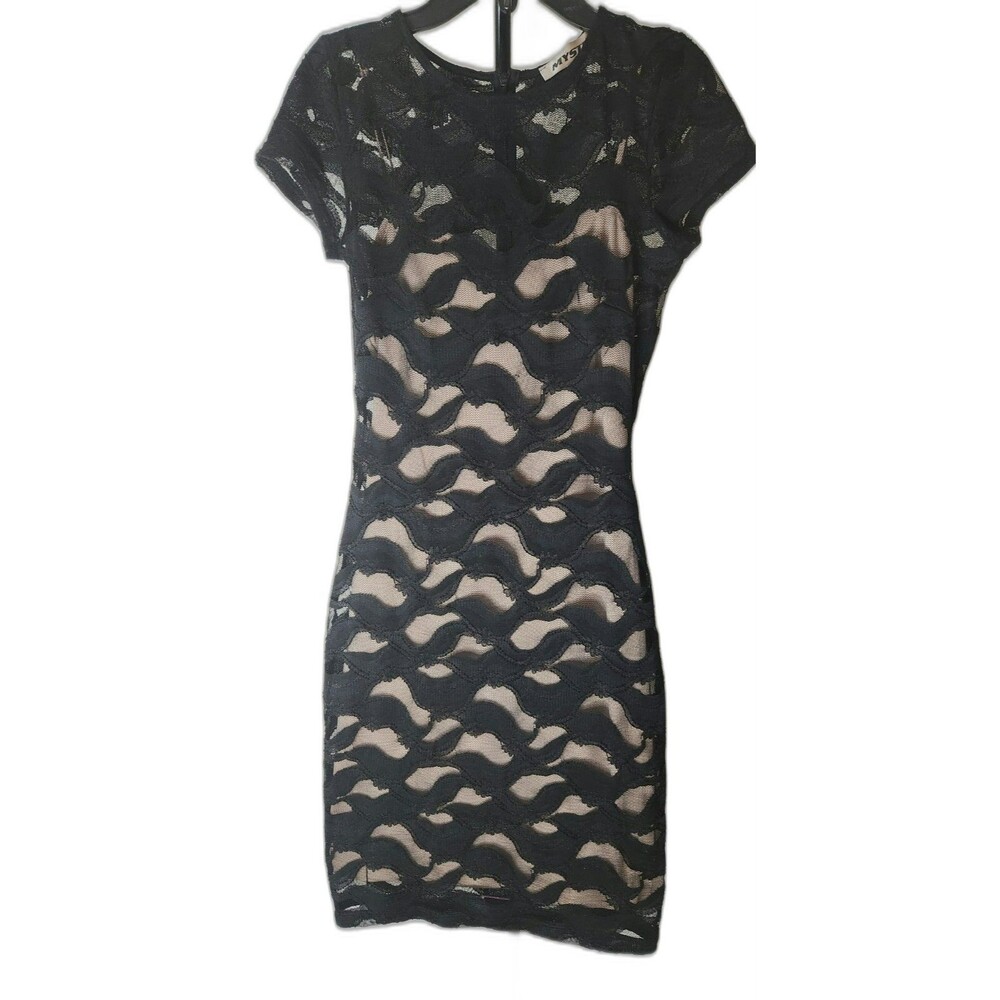 Mystic Black Lace Bodycon Dress - Nude Lining - Short Sleeve - Size S - Party